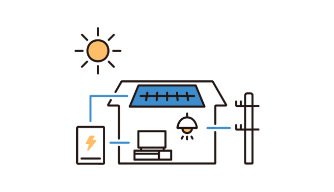 太陽光発電を蓄電して家庭内の電気をまかなっているイラスト